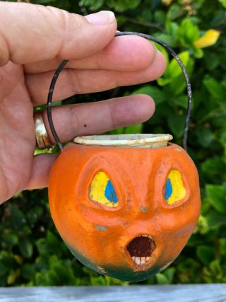 Antique German Papier - Mâché Halloween Jol Pumpkin Nut Cup Candy Container Bail