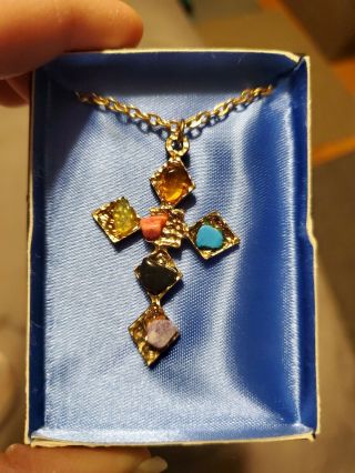 Vintage Gold Tone Stone Cross Pendant 18 " Chain Necklace