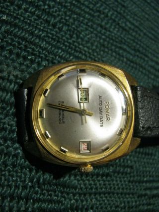 Vintage Pomar 25 Jewel Day Date Incabloc Watch Running With Leather Band