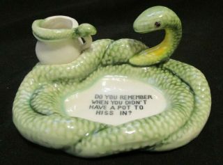 Vintage Red Eyed Snake Ceramic Ashtray & Match Holder " A Pot To Hiss In "
