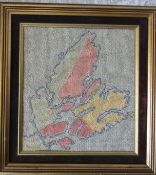 Old Vintage Cheticamp Hooked Rug Framed Cape Breton Map