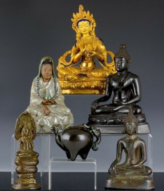 Estate Group Chinese Gold Gilt Bronze Buddha Censer Guan Crackle Guanyin Figure