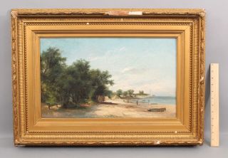 Antique 19thc Signed Impressionist Beach Seascape Landscape Figures Oil Painting