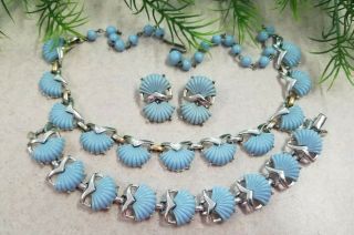 Vintage Coro Sign Necklace,  Bracelet & Earrings Set Baby Blue Thermoset