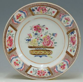 A Perfect Antique Chinese 18th C Porcelain Famille Rose Plate With Flowerbasket
