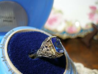 Antique 14k White Gold Filigree Sapphire Seed Pearl Ring Art Deco 1920 