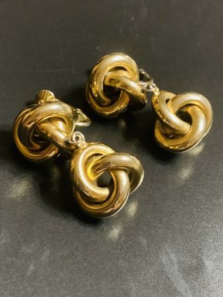 Vintage Signed " Les Bernard " Gold Tone Hanging Double Knot Clip On Earrings
