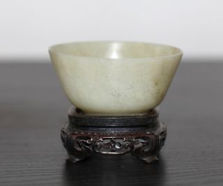 Antique Chinese Rare Carved Jade Bowl And Stand,  Qing Dynasty,  19th Century Fine