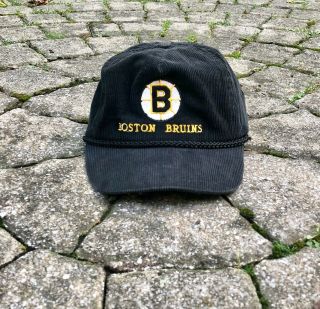 Vintage 90s Boston Bruins Black Corduroy Snapback Hat Nhl Hockey One Size Usa