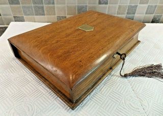 Victorian 19thc Solid Oak Book Form Writing Box With Lift Out Tray - Lock & Key