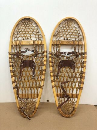 Antique Vintage 12 " X 30 " Faber Indian Made Bear Paws Snowshoes Usable Or Decor