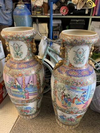 Vintage Large Porcelain Palace Floor Vases 42x22 Chinese Hand Crafted