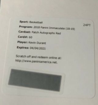 2018 - 19 Panini Basketball Immaculate Red Patch Auto Kevin Durant /15 Sp Warriors