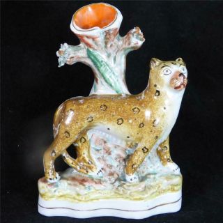 M090 Antique Victorian Staffordshire Pottery Standing Leopard Spill Vase