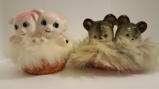 2 Kitschy Vintage Norleans Ceramic Figurines.  Pigs And Bears In Faux Fur Basket
