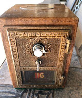 Vintage Wood Po Post Office Safe Combination Lock Coin Bank 1940s 116