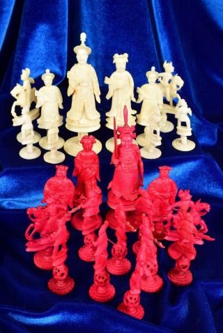 Fabulous Antique Chinese Carved Red/white Chess Set Bone No Board