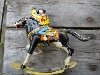 Vintage Marx Tin Litho Wind Up Toy One Arm Bandit Western Cowboy Horse Old Rodeo