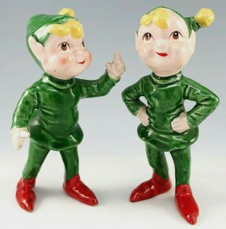 2 Vintage Kreiss Ceramic Green Elf Boy Pair Christmas Figurines Pixie Japan 1955