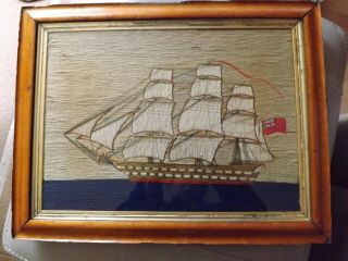 19th Century Sailors Wool Work Picture Of A Three Mast 58 Gun Ship C1830