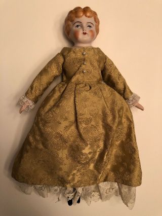 Vintage 10” Victorian Porcelain Doll Gold Brocade Dress With Lace,  Blonde Hair
