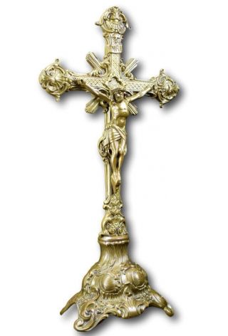 18 " High French Antique Religious Bronze Standing Crucifix Altar Cross
