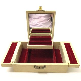 Vintage Mid Century Tiered Jewelry Box Red Velvet Lined Mirror 10x7x3
