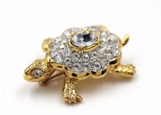 Vintage Swan Signed Swarovski Crystal Turtle Brooch Pin Gold Plated