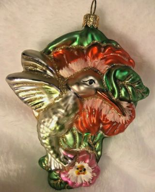 Christopher Radko Vintage Christmas Ornament Tropical Hummingbird Flowers 5 - 1/2 "