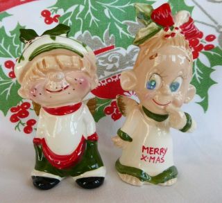 Vintage Kreiss Christmas Angel Salt & Pepper Ceramic Shakers Rhinestone Eyes