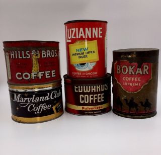 Five Vintage Tin Coffee Cans Bokar Hills Luzianne Edwards Maryland Club