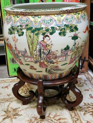 Vintage Chinese Asian Large Porcelain Koi Fish Bowl Planter Vase & Wood Stand