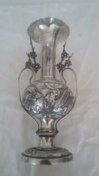 Antique Chinese Sterling Silver Dragon And Flowers Vase