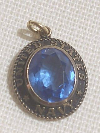 Pendant Necklace Sterling Silver.  925 Blue Stone Us Navy Crest Craft Charm Vtg
