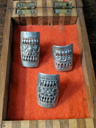 Antique Chinese Coin Silver Rings: Set Of 3 Unique Bas Relief Design