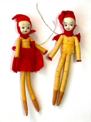 Vintage Girl Boy Elf Twins Ornament Mid Century Christmas Japan Spun Cotton Wire
