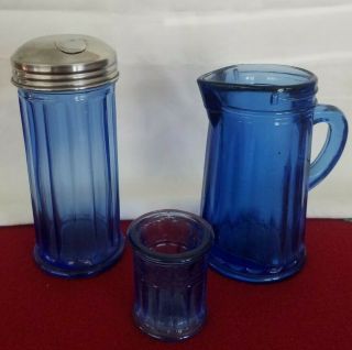 Clear Dark Blue Vintage Looking Sugar,  Creamer,  And Toothpick Container Set