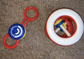 Vintage Johnson & Johnson Red Blue Yellow Rolling Rattle & Shaker Baby Toys