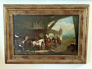 Antique Signed Framed Oil Painting On Wood - Horses & Stable - Very Old -