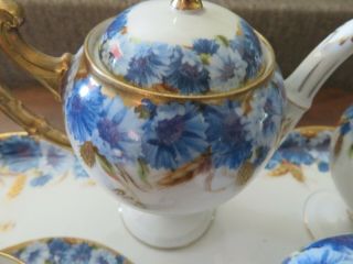 Antique Hand Painted 6pc.  Corn Flower Blue Gold Coffee Pot & Creamer Set Limoges