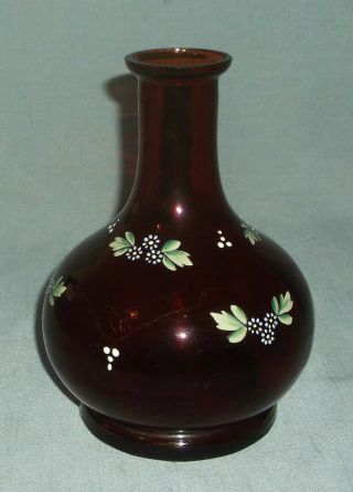 Vintage Hand Painted Ruby Red Glass Bud Vase Bulb Bottom Flowers