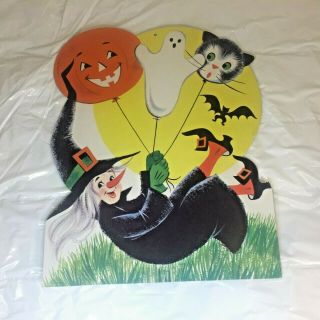 Vtg Eureka Die - Cut Witch W Black Cat Ghost Jol Pumpkin Balloons Halloween
