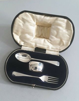 , Cased Antique Solid Silver 3 - Piece Christening Set.  Sheff.  1917.