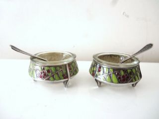 Fine Old Russian Silver And Enamel Glass Lined Salt Dishes With Spoons,  1960s