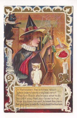 Vintage 1911 A.  Jaeger Halloween Postcard Witch W/ Broom,  Black Cat,  Owl,  No.  7