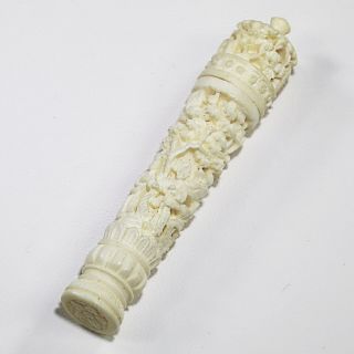 Antique Chinese Cantonese Canton Needle Case Hand Carved Bovine Bone 2.  75 " Long