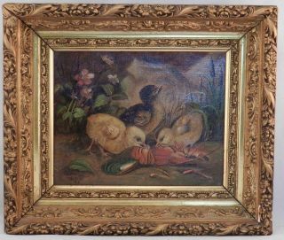 Antique 19thc Dated 96 Signed American Folk Art Oil Painting Chicks & Lobster