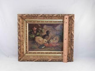 Antique 19thC Dated 96 Signed American Folk Art Oil Painting Chicks & Lobster 2