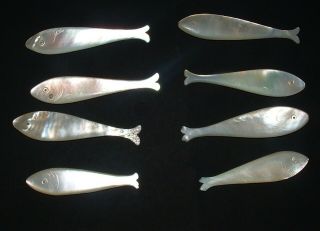 8 Antique Chinese Mother Of Pearl Fish Gaming Counter Silk Winders