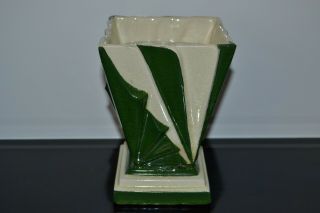 Vintage Art Deco Green And White Pottery Vase With Flower Frog